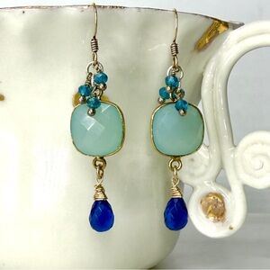 Seafoam Blue Chalcedony Earrings, Mixed Blue Gemstone Artisan Earrings